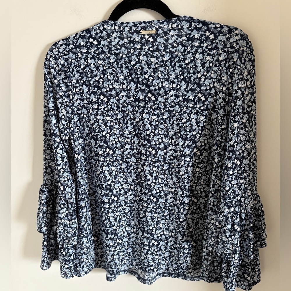 Michael Kors Navy Floral Blouse Long Sleeve Bell Style with Ruffles - Picture 2 of 8